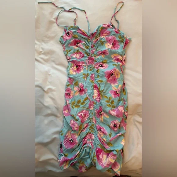Zara Blue/Pink Floral Ruched Drawstring Mini Dress - Picture 2 of 2